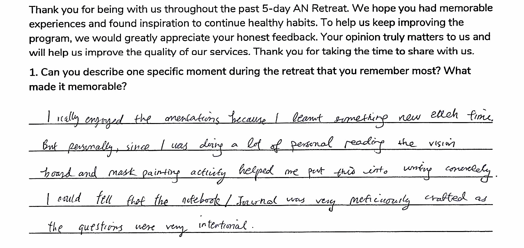 Handwritten excerpt from Annissa Poon's An Retreat feedback